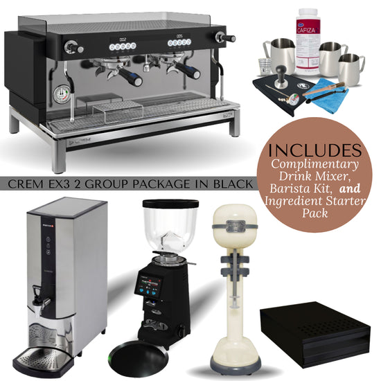 Crem EX3 2 Group Espresso Machine, Grinder and Hot Water Boiler Package in Black